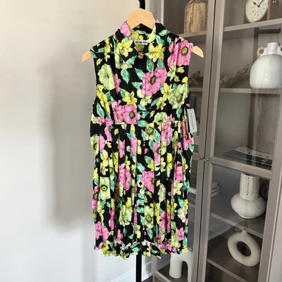 Mini Camisa Vestido Balenciaga Plisado Vibrante Rosa Verde Floral 36 NUEVO Sin Mangas  Foto 1 de 4