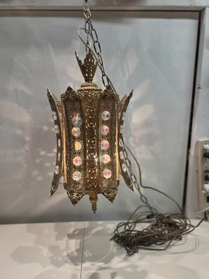 Vintage Moroccan or Islamic Brass Filigree Crystal Hanging Lamp READ DESCRIPTION - Image 1 of 4