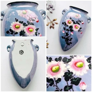 Vintage Japanese Lusterware Wall Pocket Vase, 6.5”, Blue Floral - Picture 1 of 4