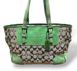 [Near Mint] Coach 1443 Green Brown Suede Leather Monogram Tote Shoulder Bag - Picture 1 of 10