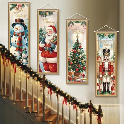 4 Packs Vintage Christmas Banners Porch Signs Decor Xmas Hanging Banner Backdrop - Image 1 of 4