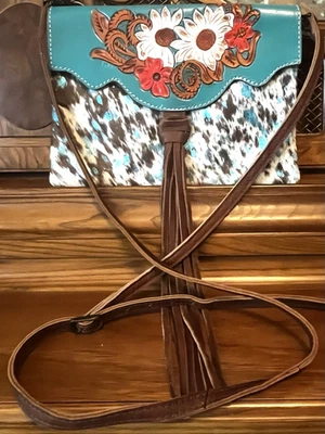 American Darling Turquoise Floral Tooled Crossbody Leather & Calfhair - Image 1 of 4