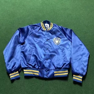 Vintage Milwaukee Brewers Jacket Mens M Blue 80S MLB Baseball Chalk Line Coat - Picture 1 of 10