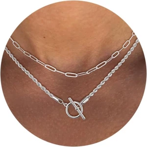 Silver Layered Necklaces for Women, 14K Silver Plated Chain Necklaces for Women - Picture 1 of 12