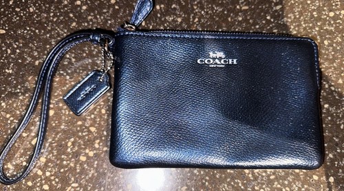 Autentico braccialetto Coach blu metallizzato in pelle a grana incrociata condizioni eccellenti