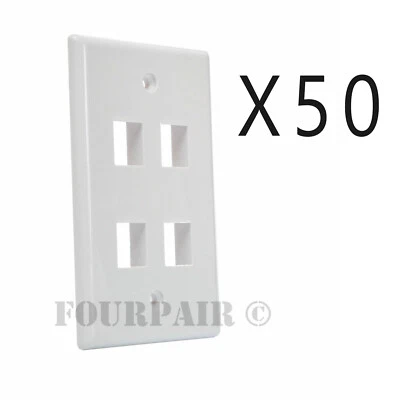 Lote de 50 paquetes - Keystone 4 orificios puerto conector pared placa frontal red CAT5e CAT6 blanco Foto 1 de 2