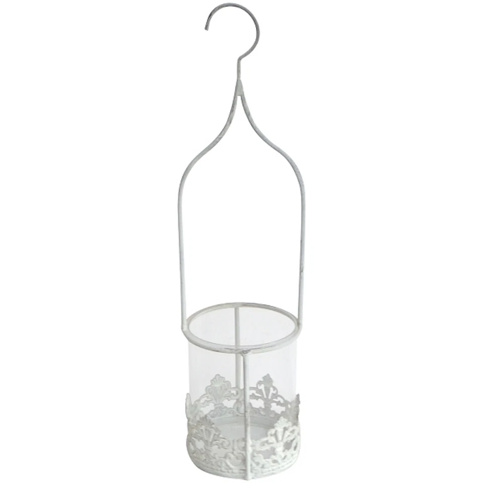 Kerzenhalter Windlicht zum Hängen Metall Glas Romantik Shabby weiss 11,5x11x42 c - Bild 1 von 1