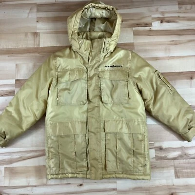 Rocawear Y2K Puffer Jacket Womens M Gold Faux Fur Trim Hooded Embroidered Club - Image 1 of 4