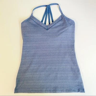 Sujetador deportivo Beyond Yoga a rayas azules sin mangas incorporado mezcla de licra de nailon pequeño Foto 1 de 4