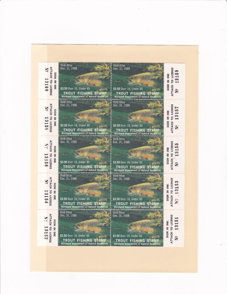 1986 Maryland Trout Stamp with Tabs #38 Senior Sheet of 10 - Image 1 of 1