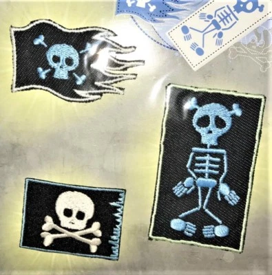 Aufbügel Flicken Bügelbild Aufnäher Patch 3 Stü. Totenkopf Skelett nachleuchtend - Bild 1 von 2