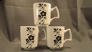 3 Simple Dining Coffee Mugs Cups Ceramic White Black Flowers 10 Ounce - Picture 1 of 8