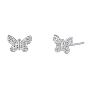 14K White Gold Butterfly Diamond Pave Stud Earrings Valentine Minimalist Jewelry - Picture 1 of 9