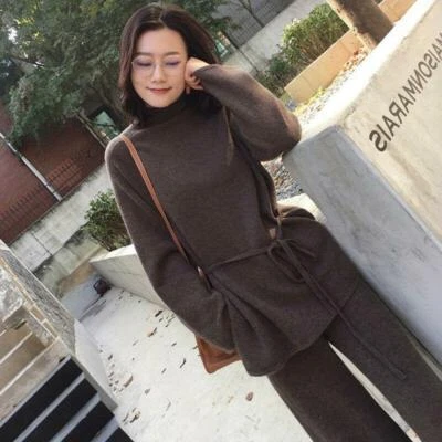 Mujeres Mezcla de Cachemira Grueso Tejido Prendas para el torso Suéter Suelto Pierna Ancha Pantalones 2 Piezas Conjuntos Traje Foto 1 de 4