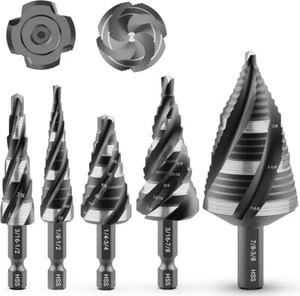 MABLEVI 5 Pezzi Set di Quattro Punte per Trapano a Passo per Flauto Spirale, 1/8"-1-3/8" HSS Unibit - Foto 1 di 5