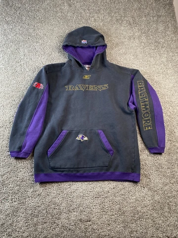 Baltimore Ravens Hoodie Mens Extra Large Black Purple NFL Football Reebok FLAW Cover