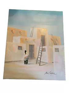 Lrg Signed Ari Lopa Canvas Painting Southwestern Indigenous Woman House Building - Picture 1 of 12