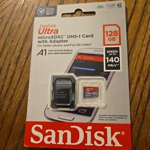 Sandisk Ultra 128GB MicroSD with SD Adapter A1 140MB/s Full HD Video New Sealed - Picture 1 of 2