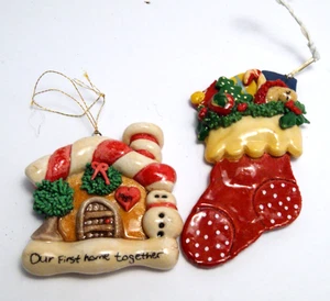 Vintage Salt Dough Christmas Ornaments Stocking & First Home Handcrafted 1972 - Picture 1 of 3