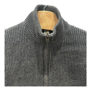 LL BEAN Full Zip Waffle Knit Sweater Men’s L Gray Organic Cotton Ribbed Chunky - Picture 1 of 7