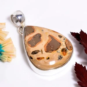 Leopardite Diaspro Gemma Handmade 925 Ciondolo Placcato Argento 1.6 " SUP-10843 - Foto 1 di 6