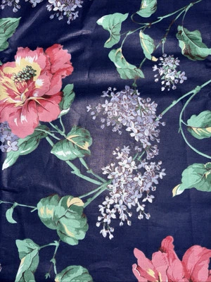 Vintage Fabric Traditions Lavender Pink  Floral on Blue Sheen Cotton Fabric 5 Yd - Image 1 of 4