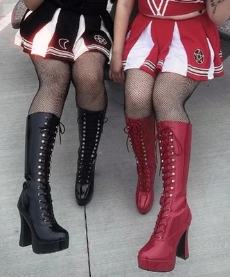 Red Lace Up Latex Vinyl Knee High Mens Crossdresser Drag Queen Boots 13 14 15 - Image 1 of 2