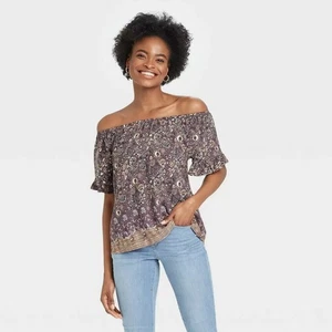 Top para mujer manga corta fuera del hombro Knox rosa marrón floral, talla grande - Imagen 1 de 2