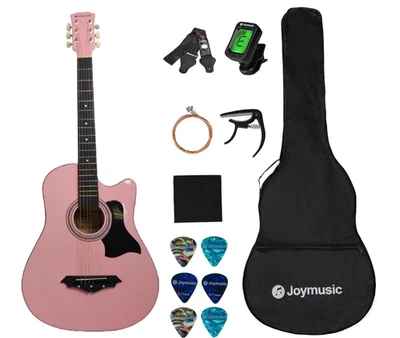 Joymusic 38 Inch Pink Acoustic Guitar Beginner Kit w Bag, Strap, Capo, Picks - Image 1 of 3