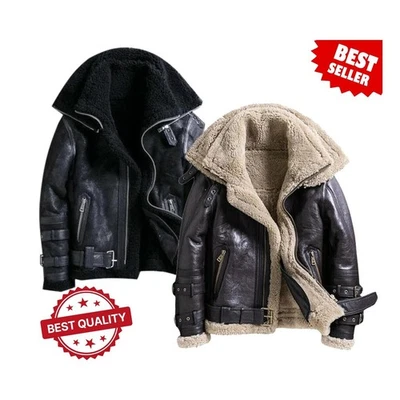 Women s RAF B3 Bomber Real Sheep Leather Jacket Aviator Flying Fur Double Collar - Image 1 of 4