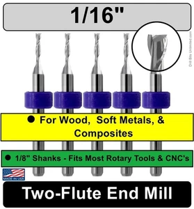 5 frese terminali in carburo 1/16" - 2 flauti, gambo 1/8" CNC UPCUT legno plastica acrilico - Foto 1 di 7