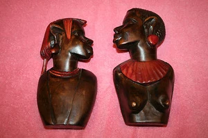 Vintage Wooden Carved Busts Kenya Masai Warrior Book Ends Man & Woman - Picture 1 of 10