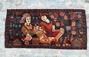M1214 Afghan handmade vintage tribal balouchi rug pictorial Laila&Mujnun 52×107 - Picture 1 of 8