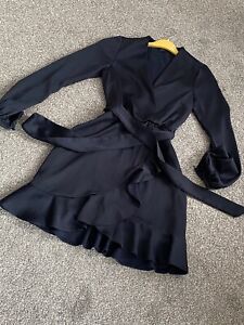 Woman’s Satin Navy Blue Wrap Dress Size 6 New Look Short Ruffle Skirt Belted