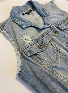 Distressed Denim Vest Size XS New Tags Torn Raw Ripped Sleeves Button Up Grunge - Picture 1 of 9
