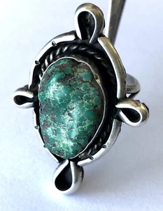 Exquisite Green Turquoise Vintage Navajo Tall Ring Sterling 925 15.5gr Size 8.75 - Picture 1 of 10