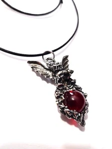 Gothic Guardian Gargoyle Perched atop a Red Orb Ball Pewter Pendant 30" Necklace - Picture 1 of 2
