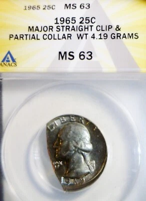 1965 ERROR ANACS MS63 HUGE CLIP Washington Quarter CH BU Clipped Coin NICE TONE - Image 1 of 4