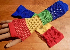 RAINBOW FISHNET ARM WARMERS raver costume pride lgbt cyber fingerless gloves 5V - Picture 1 of 2