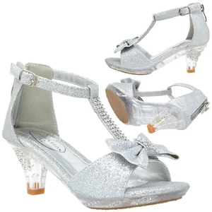 Girls Clear Heel Sandal T-Strap Rhinestone Glitter Clear Party Kids Shoes Silver - Picture 1 of 8