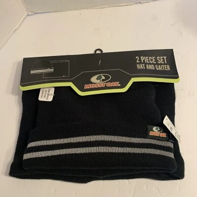 MOSSY OAK 2 Piece Set Hat & Gaiter Thermal Plush Lining Black With Gray Stripes - Image 1 of 4