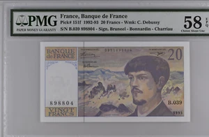France banknote 20 Francs Debussy 1993 2 SEQUENTIAL NUMBERED NOTES UNC PMG 58EPQ - Picture 1 of 6