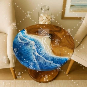 Ocean Blue Resin Round Table|Live Edge Wood Coffee Table|Handmade Coastal Table - Picture 1 of 12