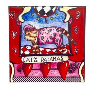 Wendy Costa Cat's Pajamas Tile Trivet Wall Decor Hearts Whimsical Red Pink PJ 6" - Picture 1 of 9