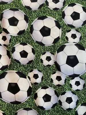 Soccer Ball Futbol Sports On Grass Balls Olympics Realistic Cotton Fabric FQ - Image 1 of 4