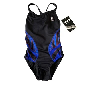 TYR Swimsuit Girls Sz 26 Diamond Fit Durafast Elite Black Red Blue Training NEW - Picture 1 of 6