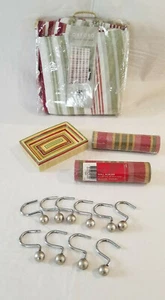 😃Oxford Red Cabana Stripe Shower Curtain,Hooks,Soap Dish & Wallpaper Border - Picture 1 of 12