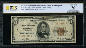 1929 $5 Five Dollar Federal Reserve Bank Minneapolis National Note PCGS VF 20 - Picture 1 of 3