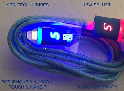 NTJ FLASH BRAIDED LED light-up power charger cable for iPhone 7 6 5 4s micro USB - Image 1 of 4