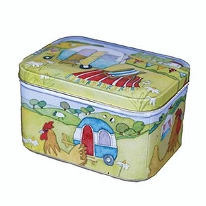 Emma Ball Glamping Camping Scene Small Rectangular Lidded Storage Tin - Picture 1 of 2
